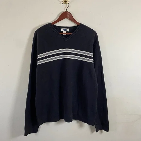 Old Navy Knit V-Neck Black Sweater White Gray Stripes Men's XL Cotton Grunge - Picture 2 of 6